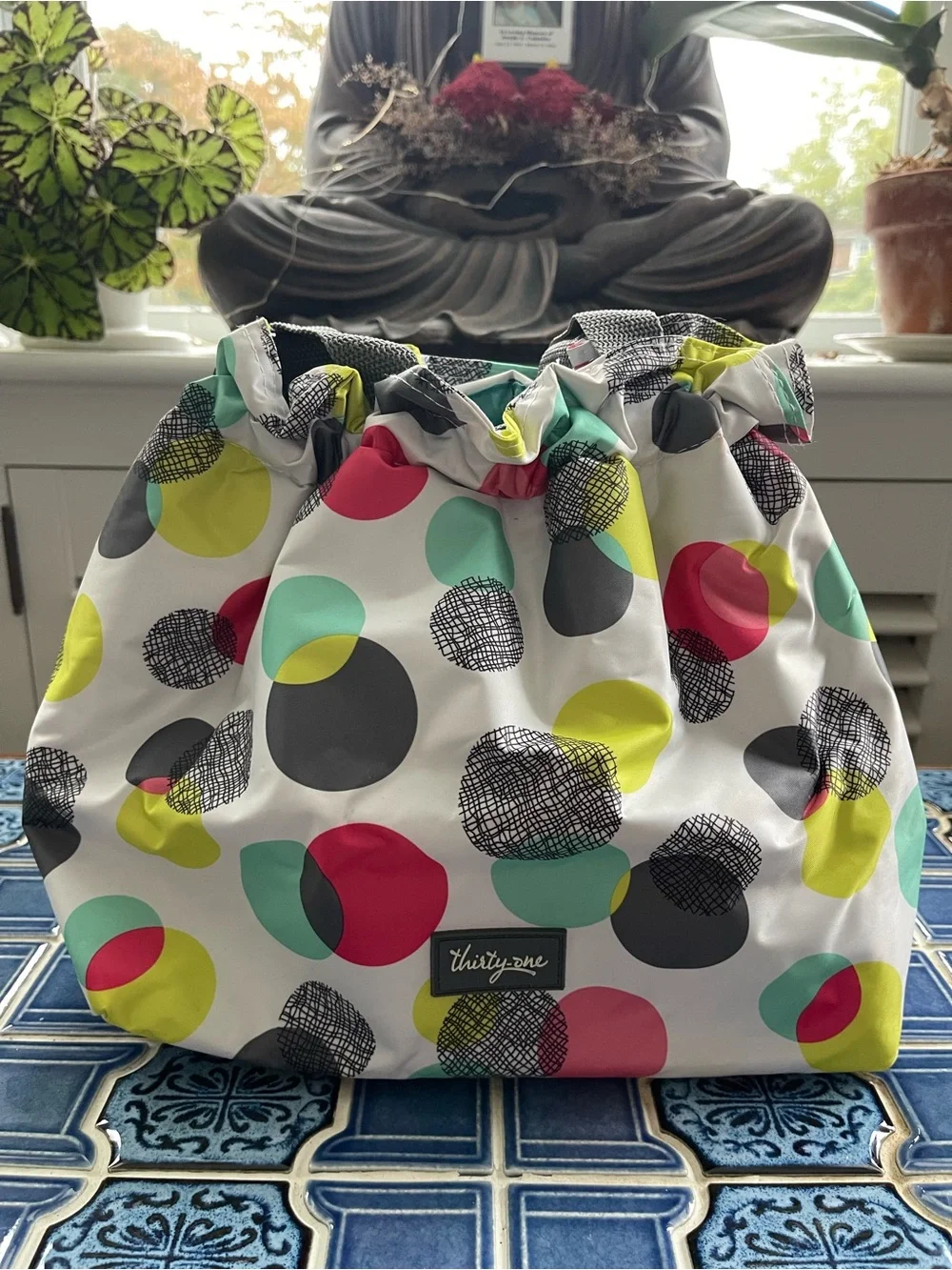 Thirty-One Aqua Multi-Color Drawstring Lunch Tote